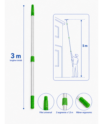 Materiale de curatenie - Mâner Telescopic Profesional din Aluminiu pentru Curățenie la Înălțime - 3 metri (2 buc x 1,5 metri) - arli.ro