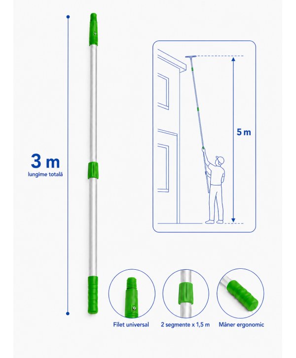 Mâner Telescopic Profesional din Aluminiu pentru  Curățenie la Înălțime - 3 metri (2 buc x 1,5 metri)