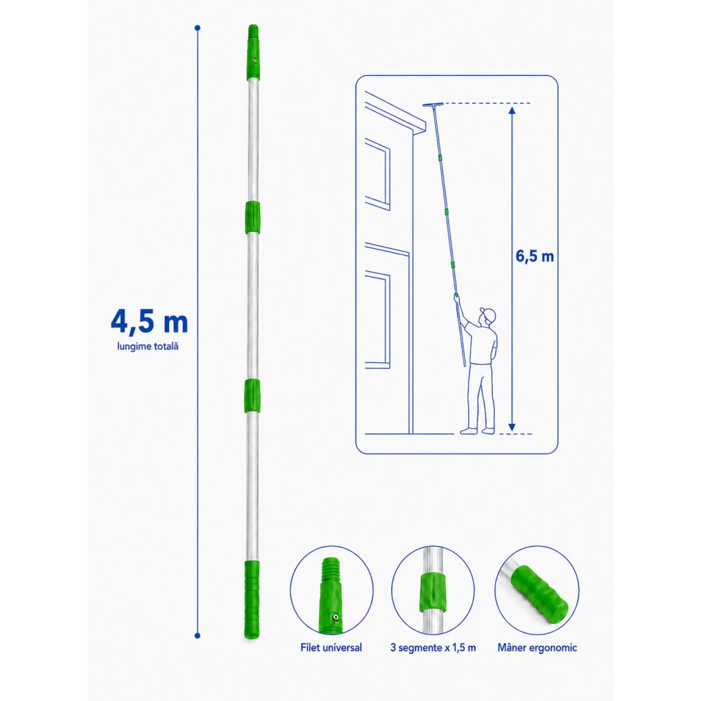 Mâner Telescopic Profesional din Aluminiu pentru  Curățenie la Înălțime Mare - 4,5 metri (3 buc x 1,5 metri)