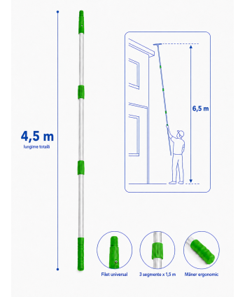 Materiale de curatenie - Mâner Telescopic Profesional din Aluminiu pentru Curățenie la Înălțime Mare - 4,5 metri (3 buc x 1,5 metri) - arli.ro