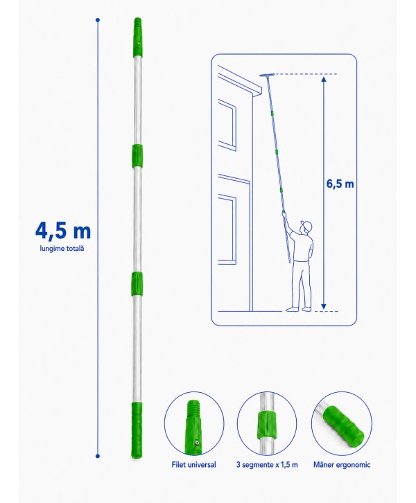 Mâner Telescopic Profesional din Aluminiu pentru  Curățenie la Înălțime Mare - 4,5 metri (3 buc x 1,5 metri)