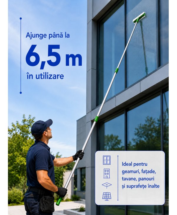 Mâner Telescopic Profesional din Aluminiu pentru  Curățenie la Înălțime Mare - 4,5 metri (3 buc x 1,5 metri)