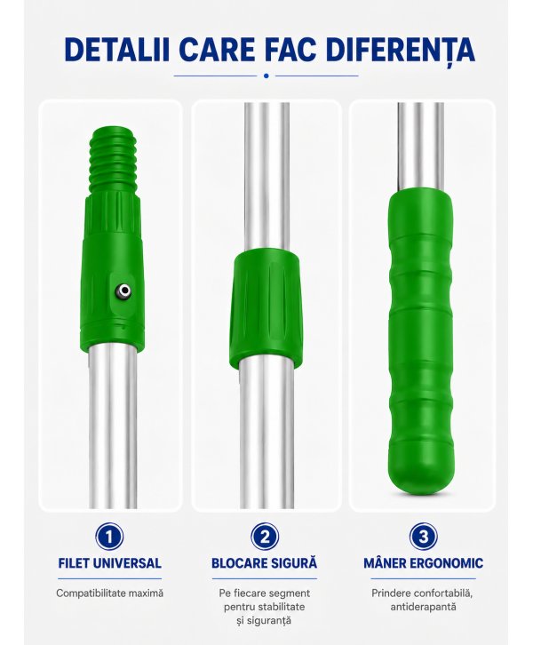 Mâner Telescopic Profesional din Aluminiu pentru  Curățenie la Înălțime Mare - 4,5 metri (3 buc x 1,5 metri)