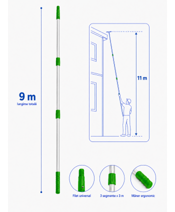 Materiale de curatenie - Mâner Telescopic Profesional din Aluminiu pentru Curățenie la Înălțime Extrema - 9 metri (3 buc x 3 metri) - arli.ro