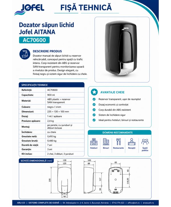 Dozator Săpun Lichid Jofel AITANA „Elegance Black”, capacitate 900 ml - Design Premium și Igienă Dozator Săpun Lichid Jofel AITANA „Elegance Black”, capacitate 900 ml - Design Premium și Igienă