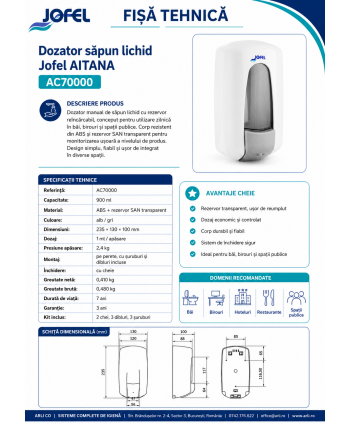 Dozator Săpun Lichid Jofel Aitana, capacitate 900 ml, calitate Premium, alb - Igienă, Design Compact și Durabilitate