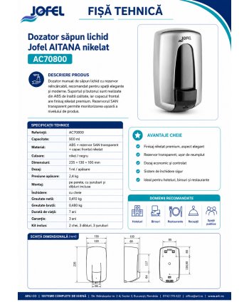 Dozator pentru sapun lichid cu finisaj nichelat, calitate Premium, Jofel Aitana Nickel, capacitate 900 ml