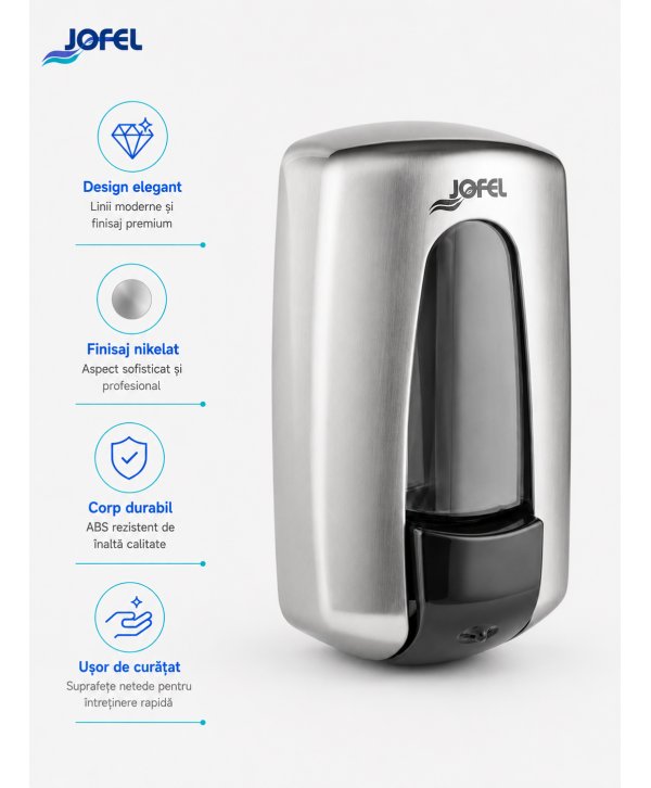 Dozator pentru sapun lichid cu finisaj nichelat, calitate Premium, Jofel Aitana Nickel, capacitate 900 ml Dozator pentru sapun lichid cu finisaj nichelat, calitate Premium, Jofel Aitana Nickel, capacitate 900 ml