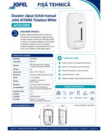 Dozator Săpun Lichid Jofel TIMELESS alb – Funcționalitate și Design pentru Spații Moderne