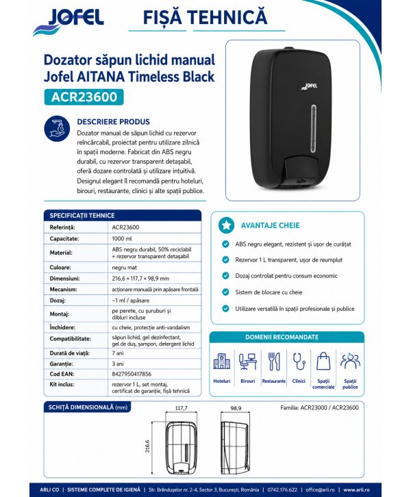 Dozator Săpun Lichid Jofel TIMELESS negru – Funcționalitate și Design pentru Spații Moderne