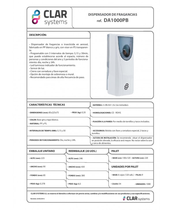 Dispenser automat pentru spray odorizant Clar Systems –🌸 Miros plăcut garantat pentru 30 de zile