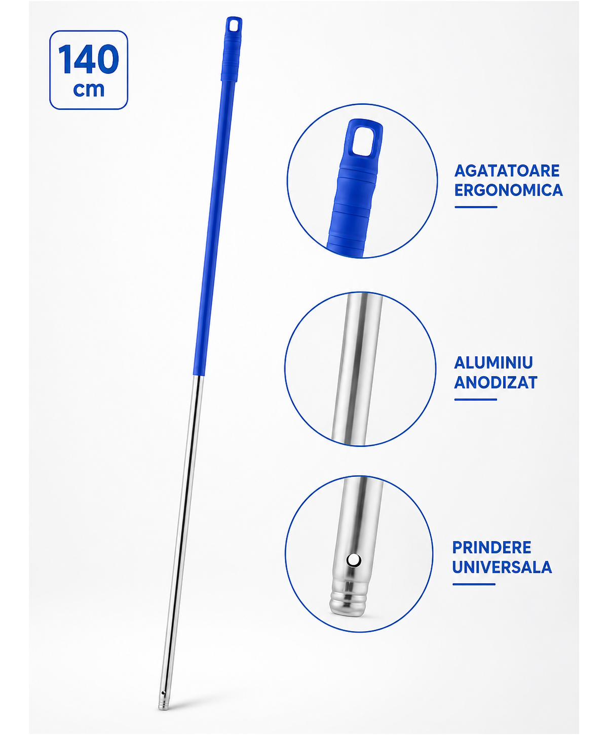 Mâner profesional albastru din aluminiu 140 cm pentru mop, pentru birouri
