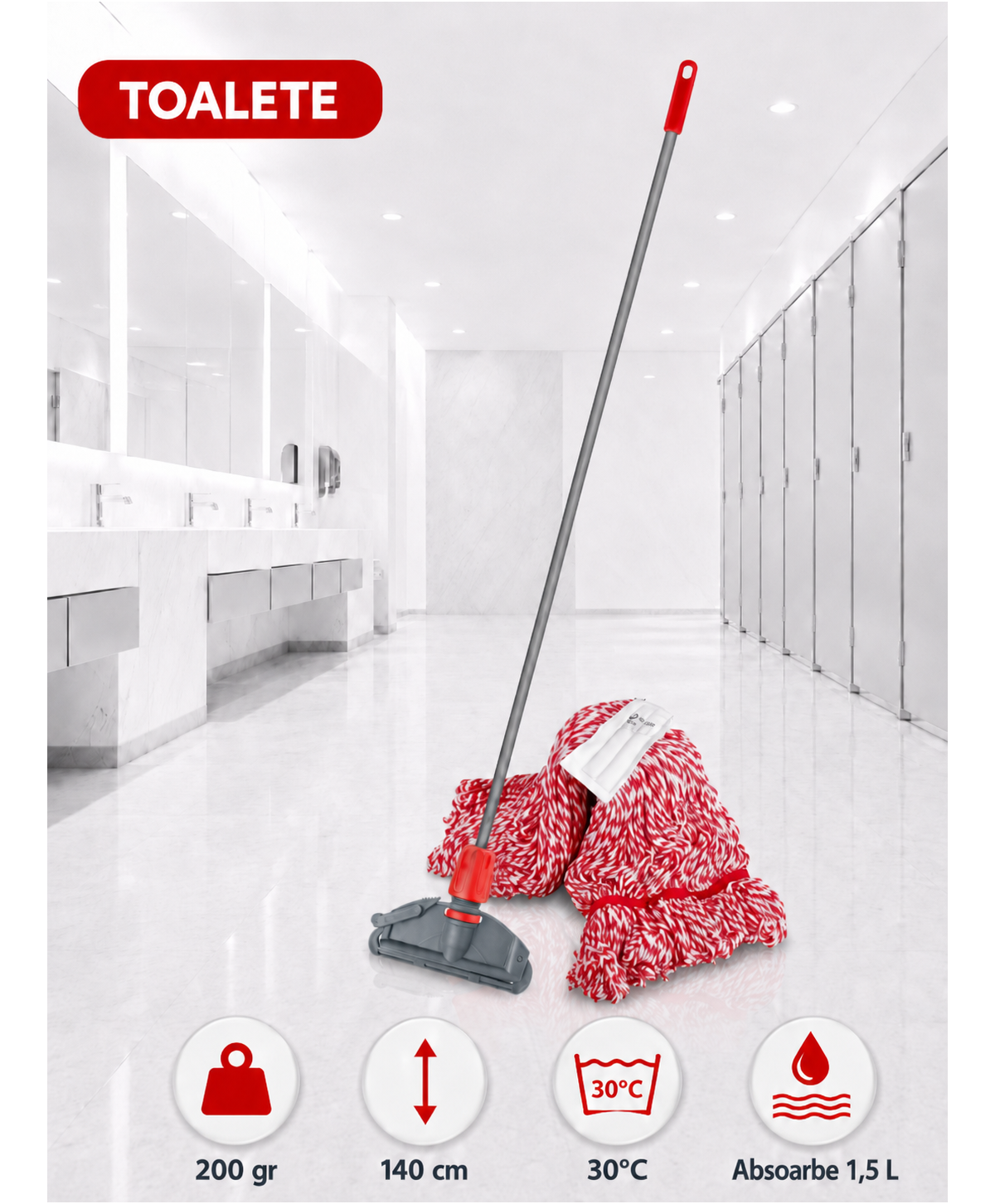 Set mop Kentucky roșu 200 g, cu suport tip clește și mâner aluminiu 140 cm, pentru toalete