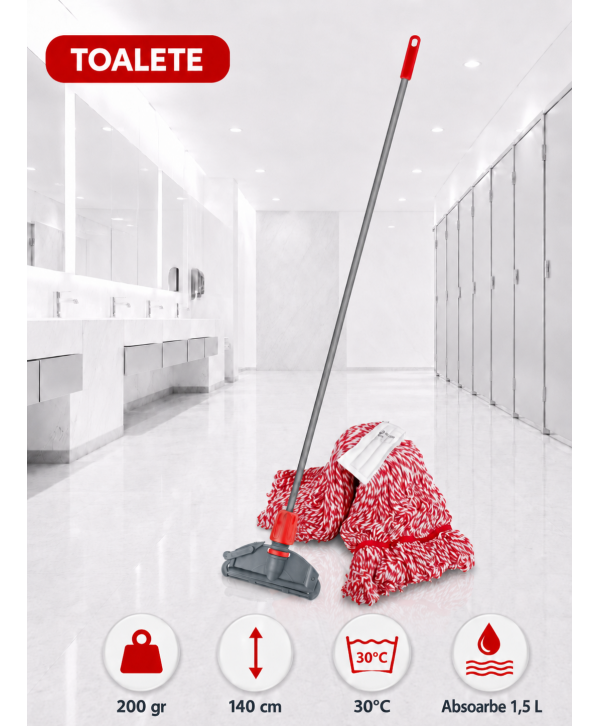 Set mop Kentucky roșu 200 g, cu suport tip clește și mâner aluminiu 140 cm, pentru toalete Set mop Kentucky roșu 200 g, cu suport tip clește și mâner aluminiu 140 cm, pentru toalete