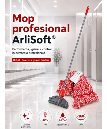 Set mop Kentucky roșu 200 g, cu suport tip clește și mâner aluminiu 140 cm, pentru toalete