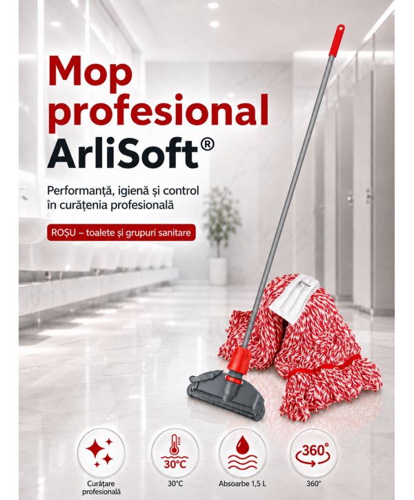 Set mop Kentucky roșu 200 g, cu suport tip clește și mâner aluminiu 140 cm, pentru toalete Set mop Kentucky roșu 200 g, cu suport tip clește și mâner aluminiu 140 cm, pentru toalete