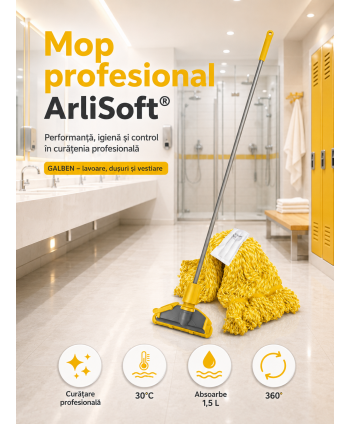 Set mop Kentucky galben 200 g, cu suport tip clește și mâner aluminiu 140 cm, pentru lavoare