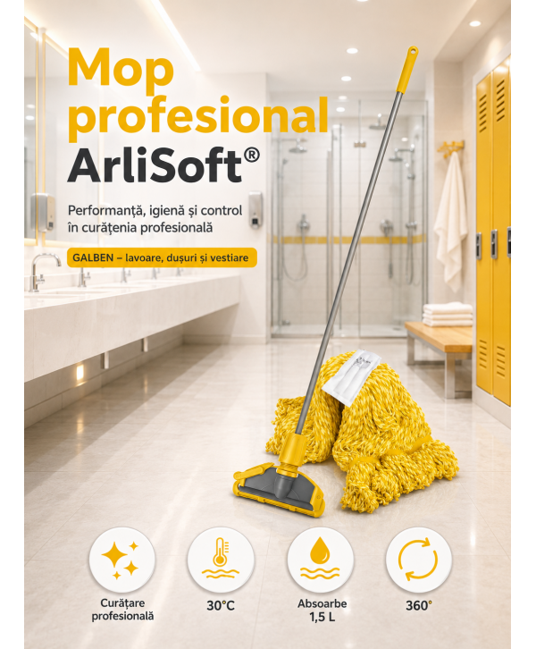 Set mop Kentucky galben 200 g, cu suport tip clește și mâner aluminiu 140 cm, pentru lavoare