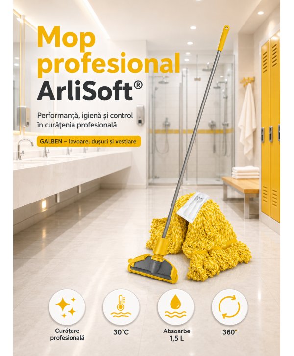 Set mop Kentucky galben 200 g, cu suport tip clește și mâner aluminiu 140 cm, pentru lavoare Set mop Kentucky galben 200 g, cu suport tip clește și mâner aluminiu 140 cm, pentru lavoare
