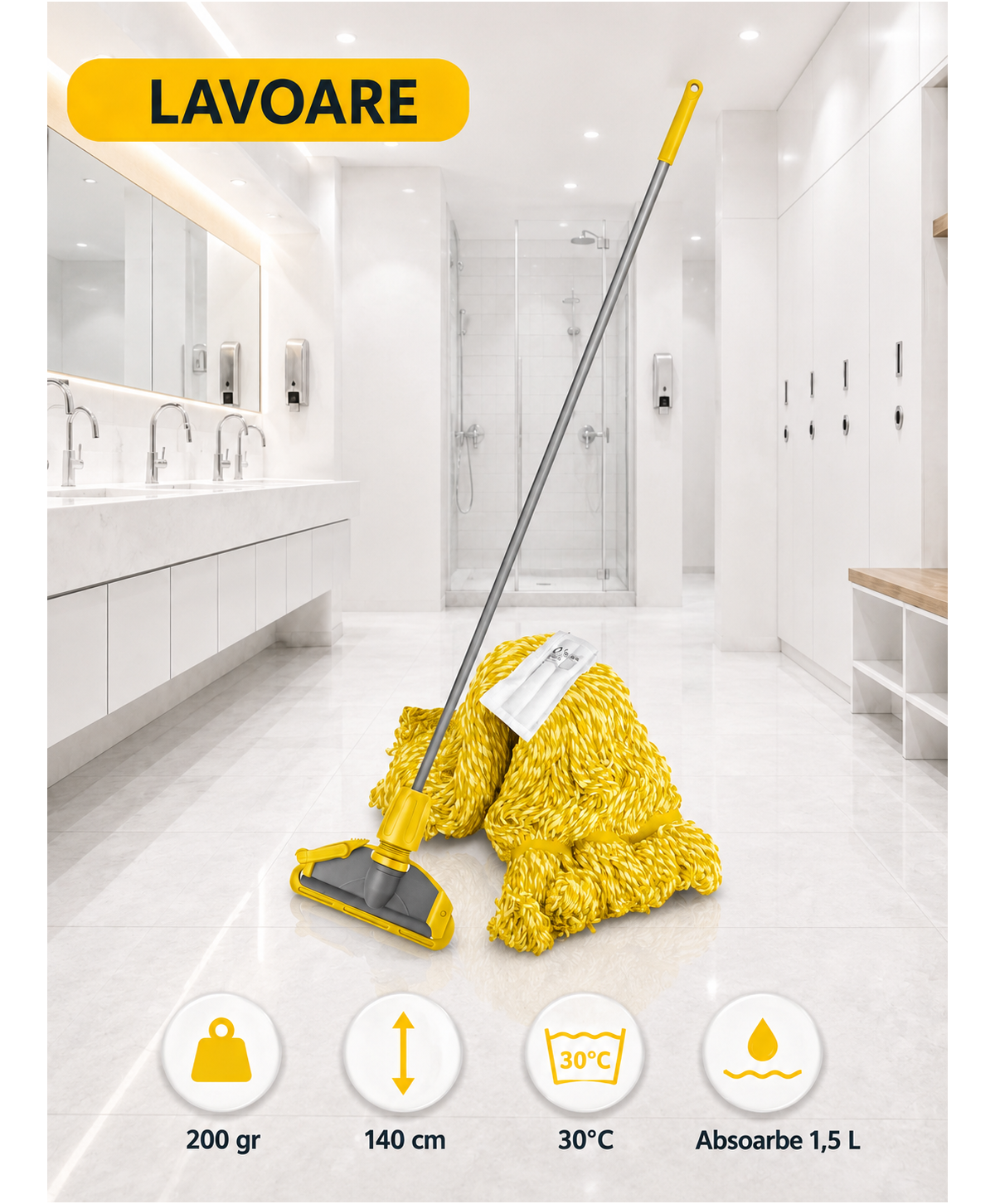 Set mop Kentucky galben 200 g, cu suport tip clește și mâner aluminiu 140 cm, pentru lavoare