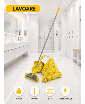  Acasa - Set mop Kentucky galben 200 g, cu suport tip clește și mâner aluminiu 140 cm, pentru lavoare - arli.ro