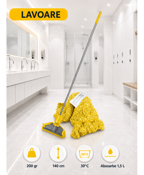 Set mop Kentucky galben 200 g, cu suport tip clește și mâner aluminiu 140 cm, pentru lavoare
