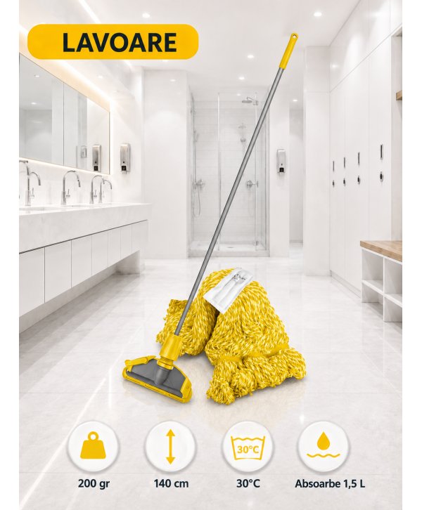 Set mop Kentucky galben 200 g, cu suport tip clește și mâner aluminiu 140 cm, pentru lavoare Set mop Kentucky galben 200 g, cu suport tip clește și mâner aluminiu 140 cm, pentru lavoare