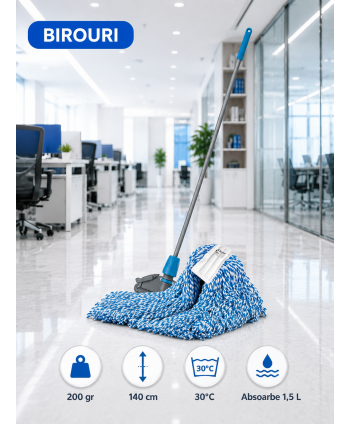 Set mop Kentucky albastru 200 g, cu suport tip clește și mâner aluminiu 140 cm, pentru spatii comune
