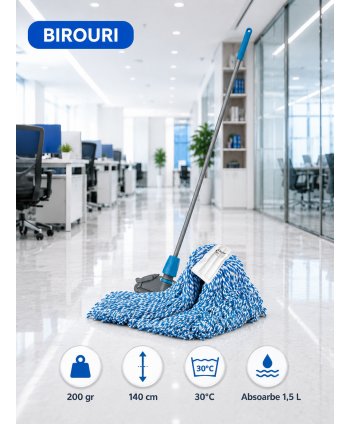 Set mop Kentucky albastru 200 g, cu suport tip clește și mâner aluminiu 140 cm, pentru spatii comune