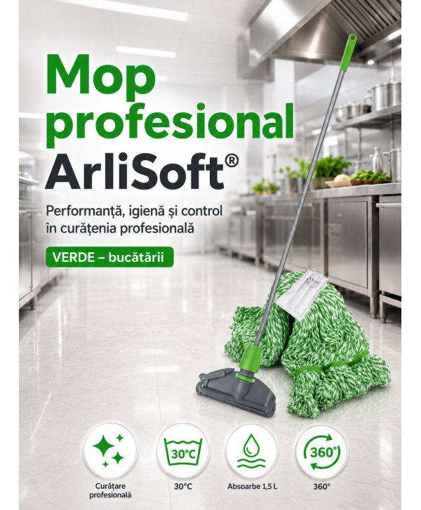 Set mop Kentucky verde 200 g, cu suport tip clește și mâner aluminiu 140 cm, pentru zone alimentare Set mop Kentucky verde 200 g, cu suport tip clește și mâner aluminiu 140 cm, pentru zone alimentare