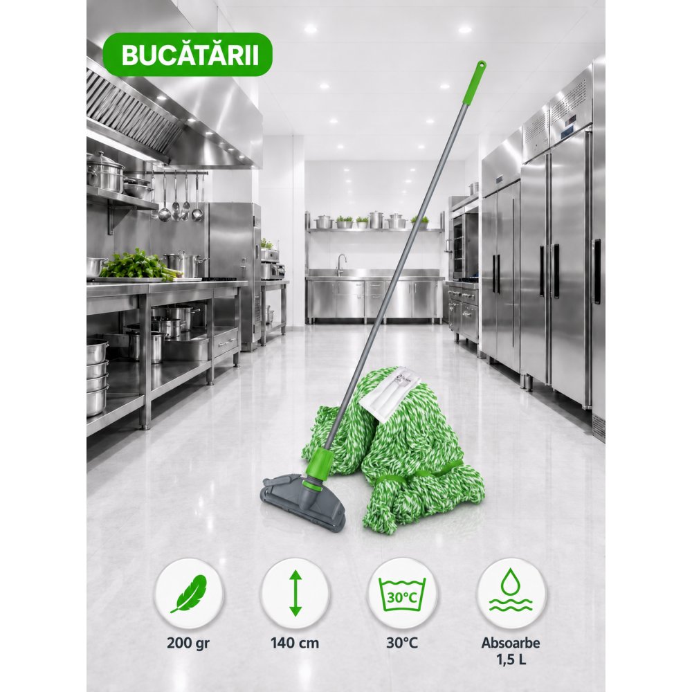 Set mop Kentucky verde 200 g, cu suport tip clește și mâner aluminiu 140 cm, pentru zone alimentare