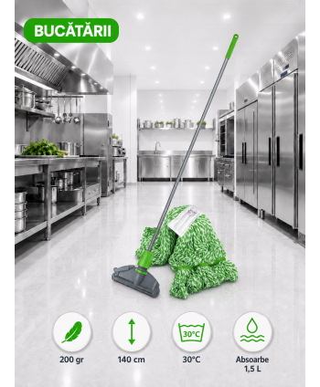  Acasa - Set mop Kentucky verde 200 g, cu suport tip clește și mâner aluminiu 140 cm, pentru zone alimentare - arli.ro