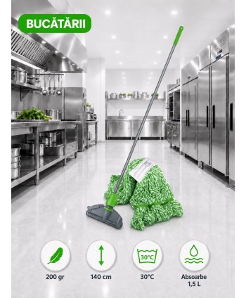 Set mop Kentucky verde 200 g, cu suport tip clește și mâner aluminiu 140 cm, pentru zone alimentare