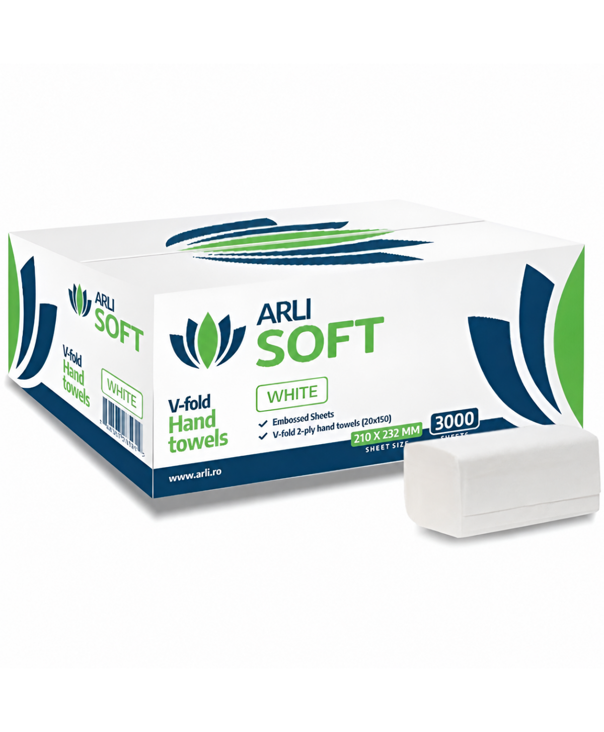 Prosoape de hartie pt maini ArliSoft® V-Fold White 2 straturi, celuloza 100%, 3000 buc, 20 pach x 150 servetele, 21 x 23,2 cm