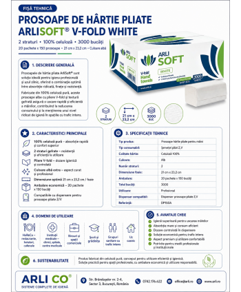 Prosoape de hartie pt maini ArliSoft® V-Fold White 2 straturi, celuloza 100%, 3000 buc, 20 pach x 150 servetele, 21 x 23,2 cm