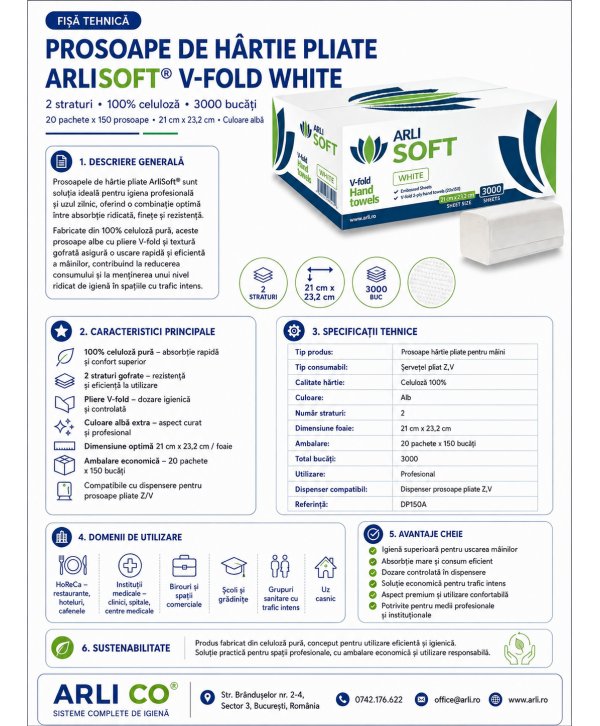 Prosoape de hartie pt maini ArliSoft® V-Fold White 2 straturi, celuloza 100%, 3000 buc, 20 pach x 150 servetele, 21 x 23,2 cm