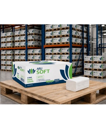 Prosoape de hartie pt maini ArliSoft® V-Fold White 2 straturi, celuloza 100%, 3000 buc, 20 pach x 150 servetele, 21 x 23,2 cm