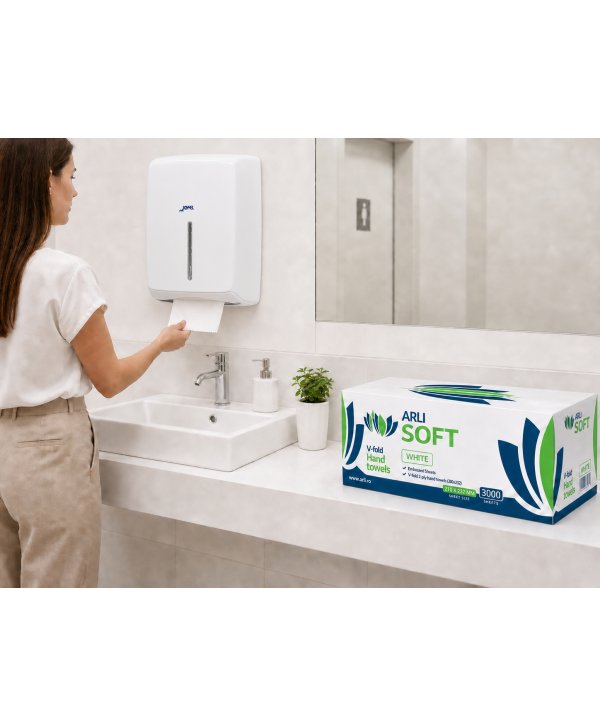 Prosoape de hartie pt maini ArliSoft® V-Fold White 2 straturi, celuloza 100%, 3000 buc, 20 pach x 150 servetele, 21 x 23,2 cm