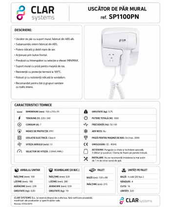 Uscator de par cu suport Clar Systems alb mat – hoteluri si wellness