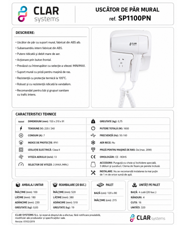 Uscator de par cu suport Clar Systems alb mat – hoteluri si wellness Uscator de par cu suport Clar Systems alb mat – hoteluri si wellness