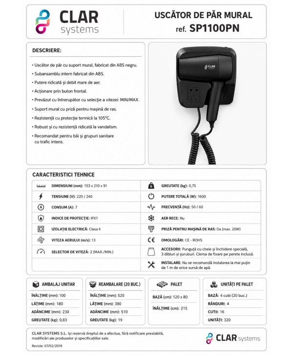 Uscator de par cu suport Clar Systems negru mat – hoteluri si wellness Uscator de par cu suport Clar Systems negru mat – hoteluri si wellness