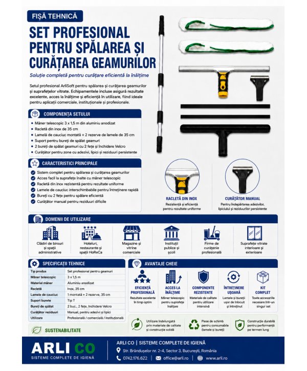 Set profesional pentru spălarea și curățarea geamurilor cu mâner telescopic 3 x 1,5 m