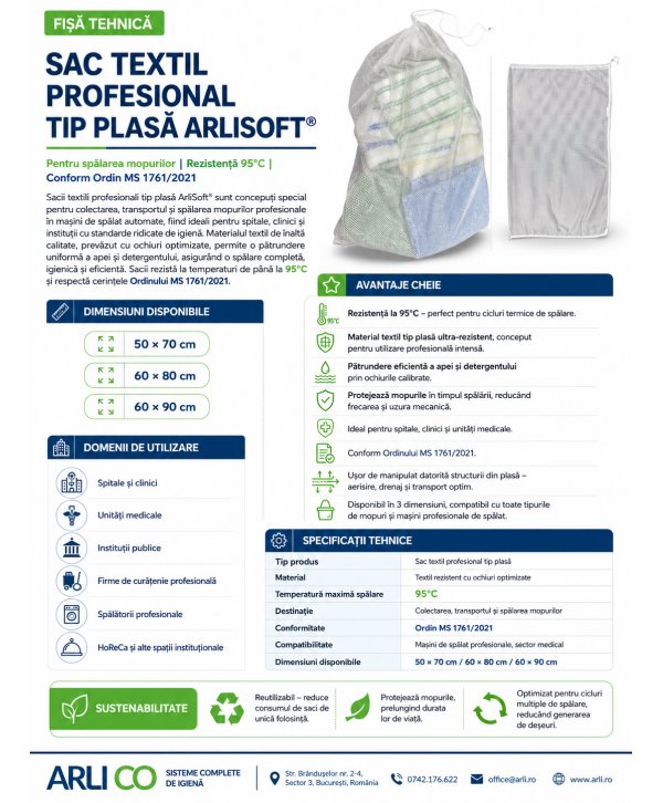 Sac Profesional Tip Plasă 50 × 70 cm Pentru Spălarea Mopurilor | Rezistență 95°C | Conform Ordin MS 1761/2021 Sac Profesional Tip Plasă 50 × 70 cm Pentru Spălarea Mopurilor | Rezistență 95°C | Conform Ordin MS 1761/2021