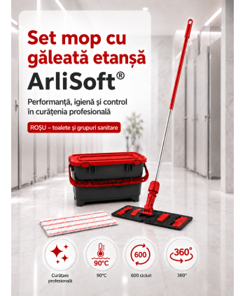Set mop cu găleată etanșă ArliSoft® 20L, roșu