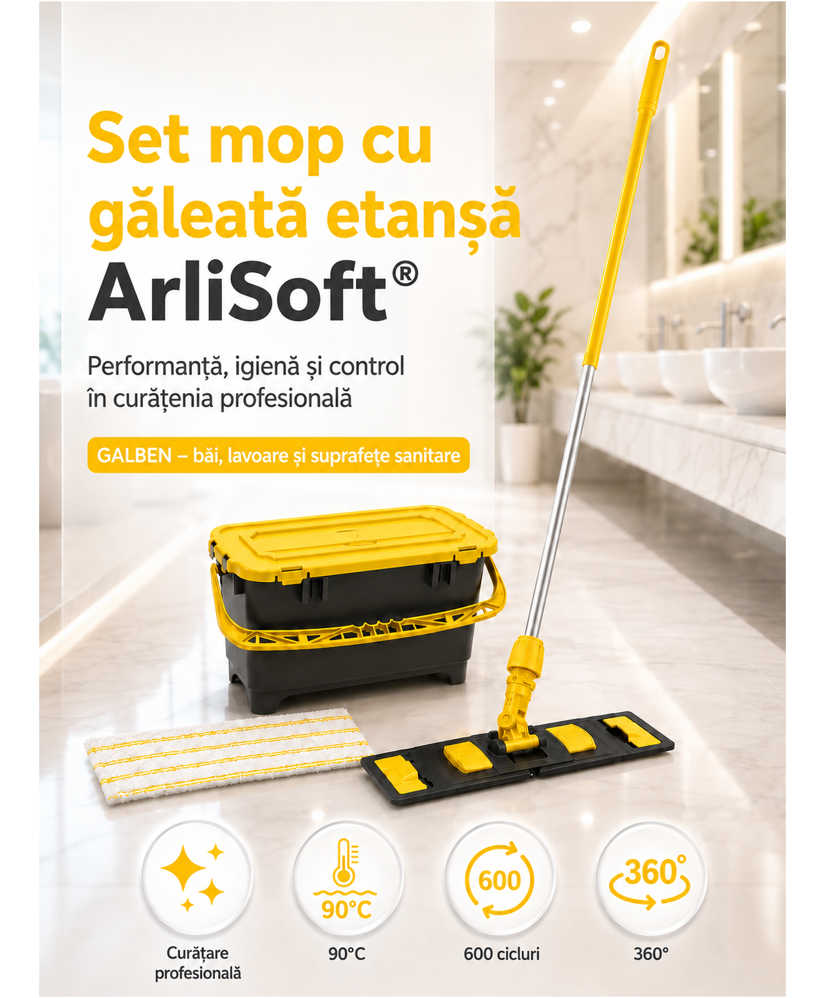 Set mop cu găleată etanșă ArliSoft® 20L, galben