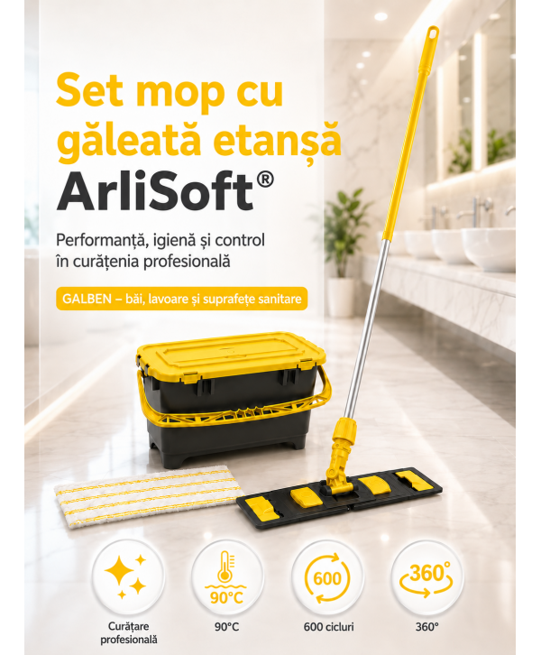 Set mop cu găleată etanșă ArliSoft® 20L, galben Set mop cu găleată etanșă ArliSoft® 20L, galben