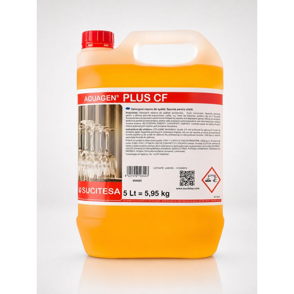 Aquagen Plus CF 5L - Detergent Profesional de Ultimă Generație pentru Spălarea Manuală sau Automată a Vaselor din Sticla