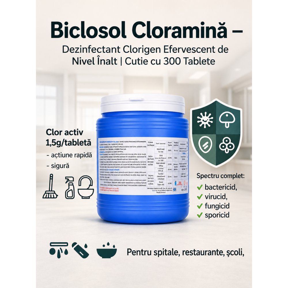 Biclosol – Dezinfectant Clorigen Efervescent de Nivel Înalt cu Spectru Larg de Actiune – 300 Tablete