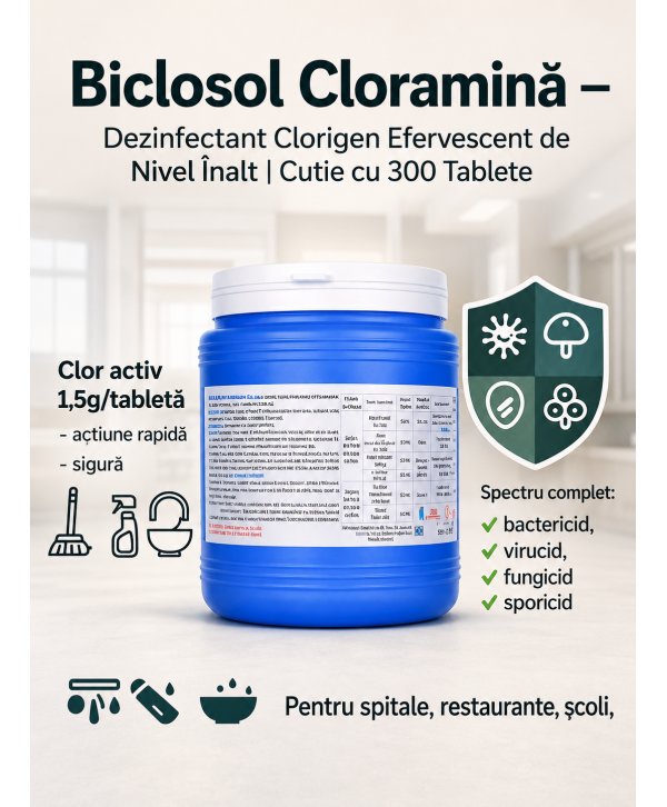 Biclosol – Dezinfectant Clorigen Efervescent de Nivel Înalt cu Spectru Larg de Actiune – 300 Tablete Biclosol – Dezinfectant Clorigen Efervescent de Nivel Înalt cu Spectru Larg de Actiune – 300 Tablete