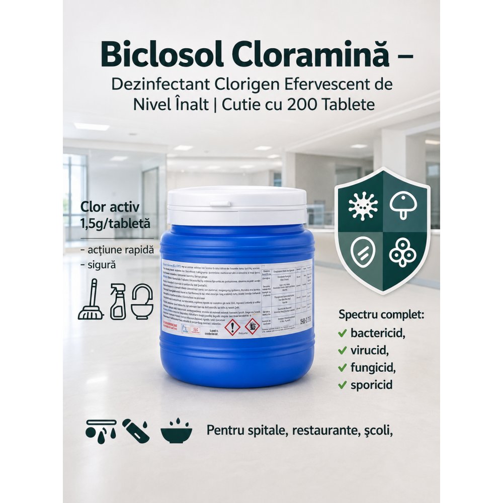 Biclosol – Dezinfectant Clorigen Efervescent de Nivel Înalt cu Spectru Larg de Actiune – 200 Tablete